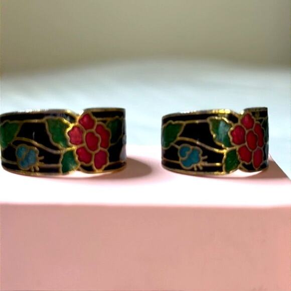 Vintage Cloisonné Black Butterfly Floral Earrings - Picture 4 of 12